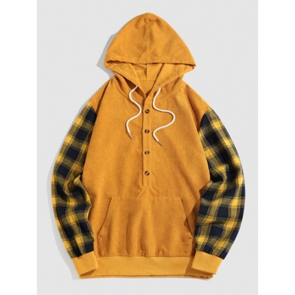 Streetwear Half Button Plaid Sleeve Hood...