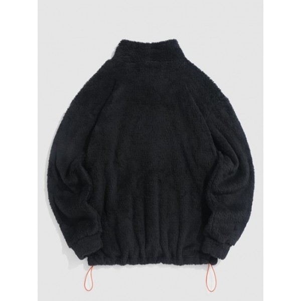 Fluffy 3D Panda Applique Stand Collar Faux Fur Sweatshirt