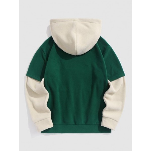 Colorblock Two Tone Paris Embroidered Fuzzy Fleece Hoodie