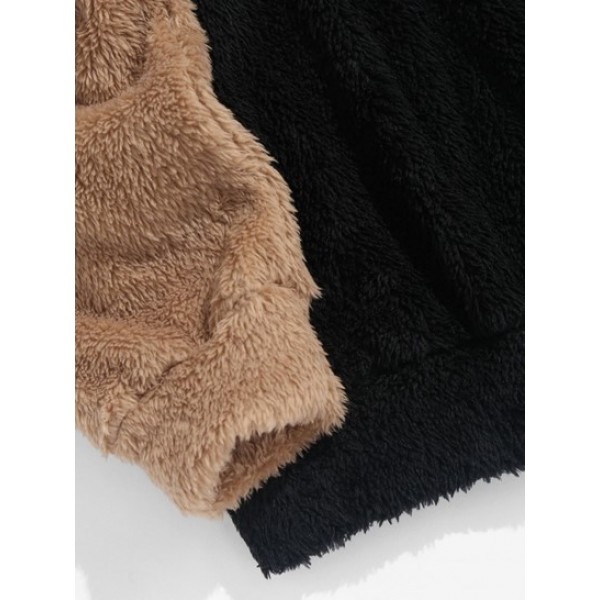 Two Tone Colorblock Bear Terry Embroidered Fluffy Faux Fur Sweatshirt Two Tone Colorblock Bear Terry Embroidered Fluffy Faux Fur Sweatshirt