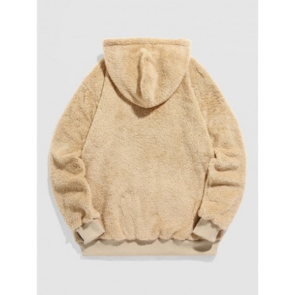 Cartoon Face Embroidered Fuzzy Hoodie And Fluffy Teddy Beam Feet Pants Faux Fur Set